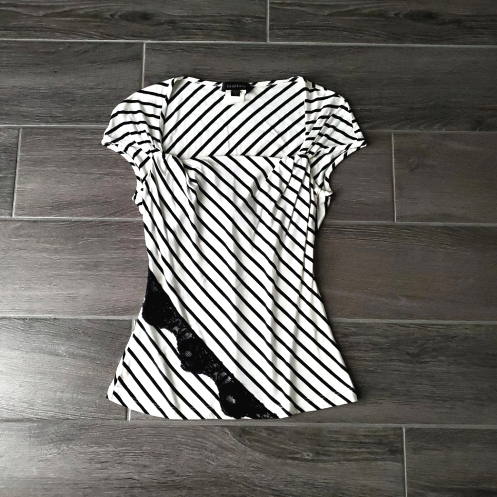 Bebe Y2K Black & White Square Asymmetrical Stripe Top